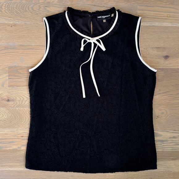 Karl Lagerfeld Paris Black Lace Tank Top Blouse Lined Neck Tie Womens Large - Picture 1 of 9
